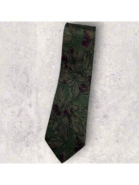 VITALIANO PANCALDI VINTAGE Silk Tie ITALY Green Brown Burgundy Floral W:3.4" EUC